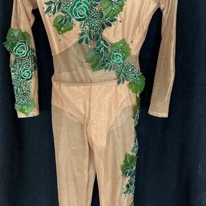 Dance Costume - Adult XS Tan/Nude Unitard w/ shimmer mesh and leaves